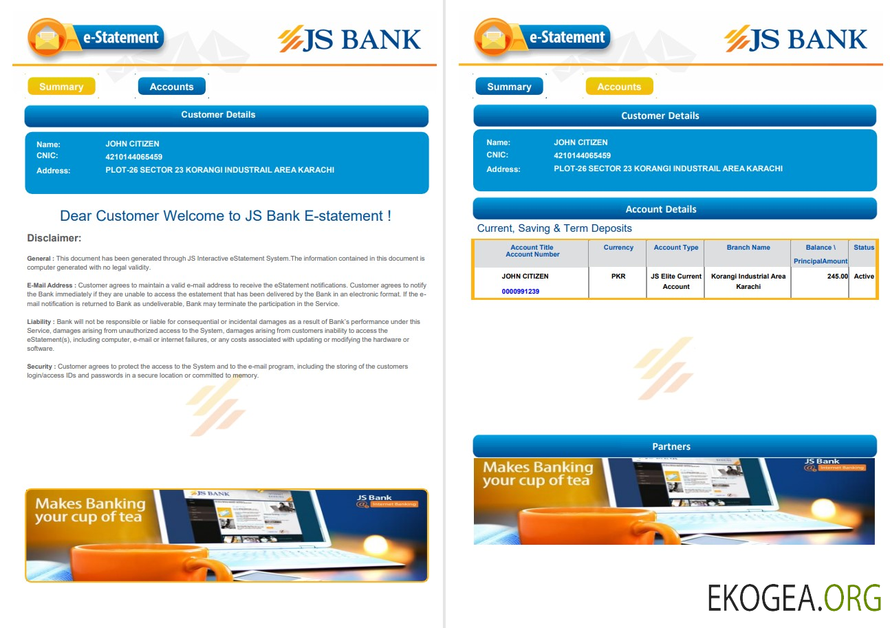 Relevé électronique de la banque Pakistan JS 3 pages
